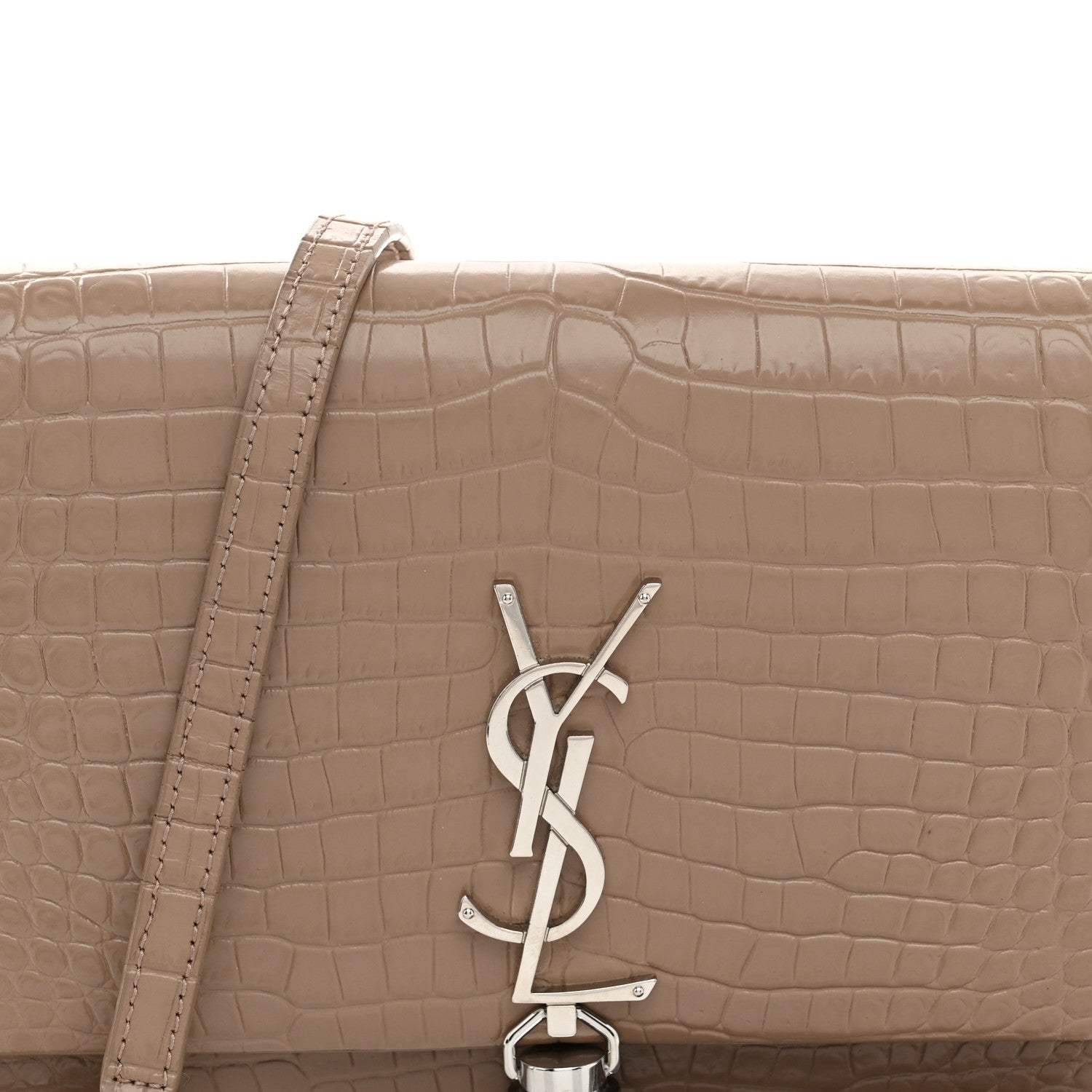 Saint Laurent Calfskin Crocodile Embossed Kate Monogram Tassel Chain Wallet  Dark Beige 8 of 10