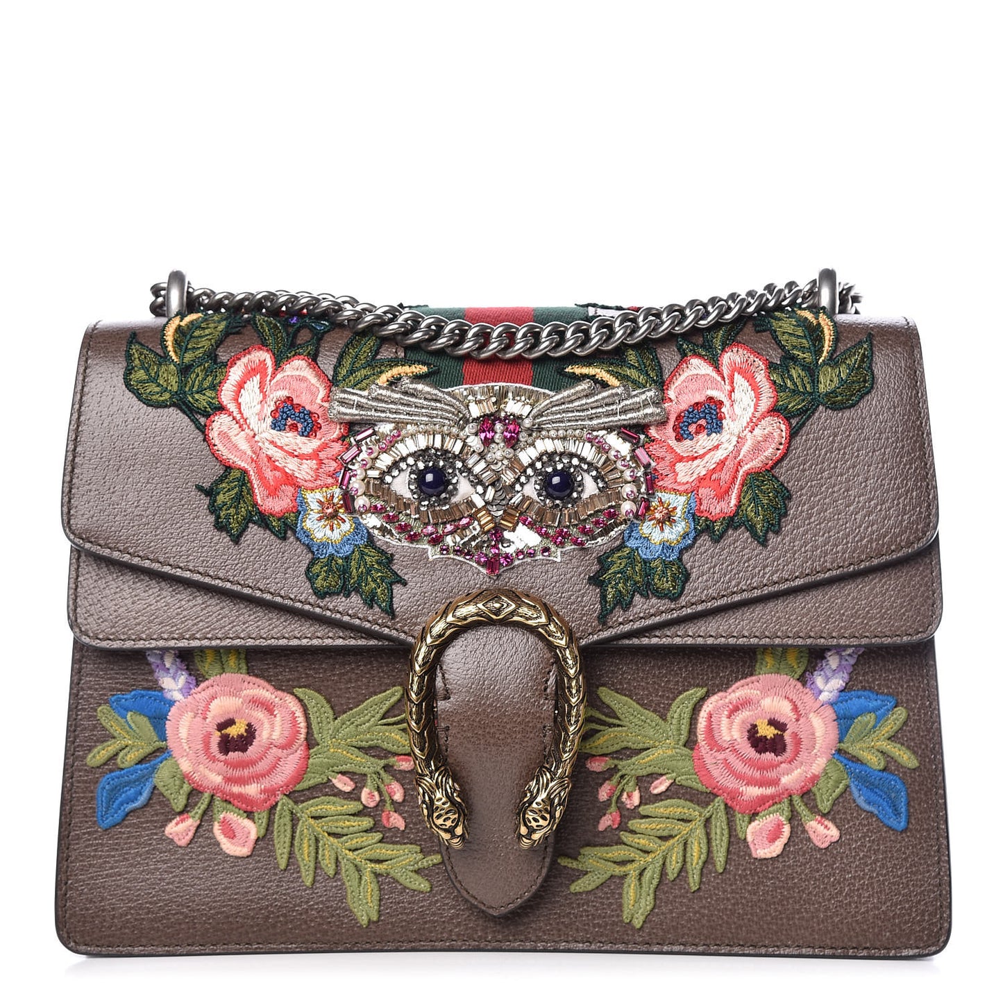 Calfskin Web Owl Embroidered Medium Dionysus Shoulder Bag New Acero Multicolor