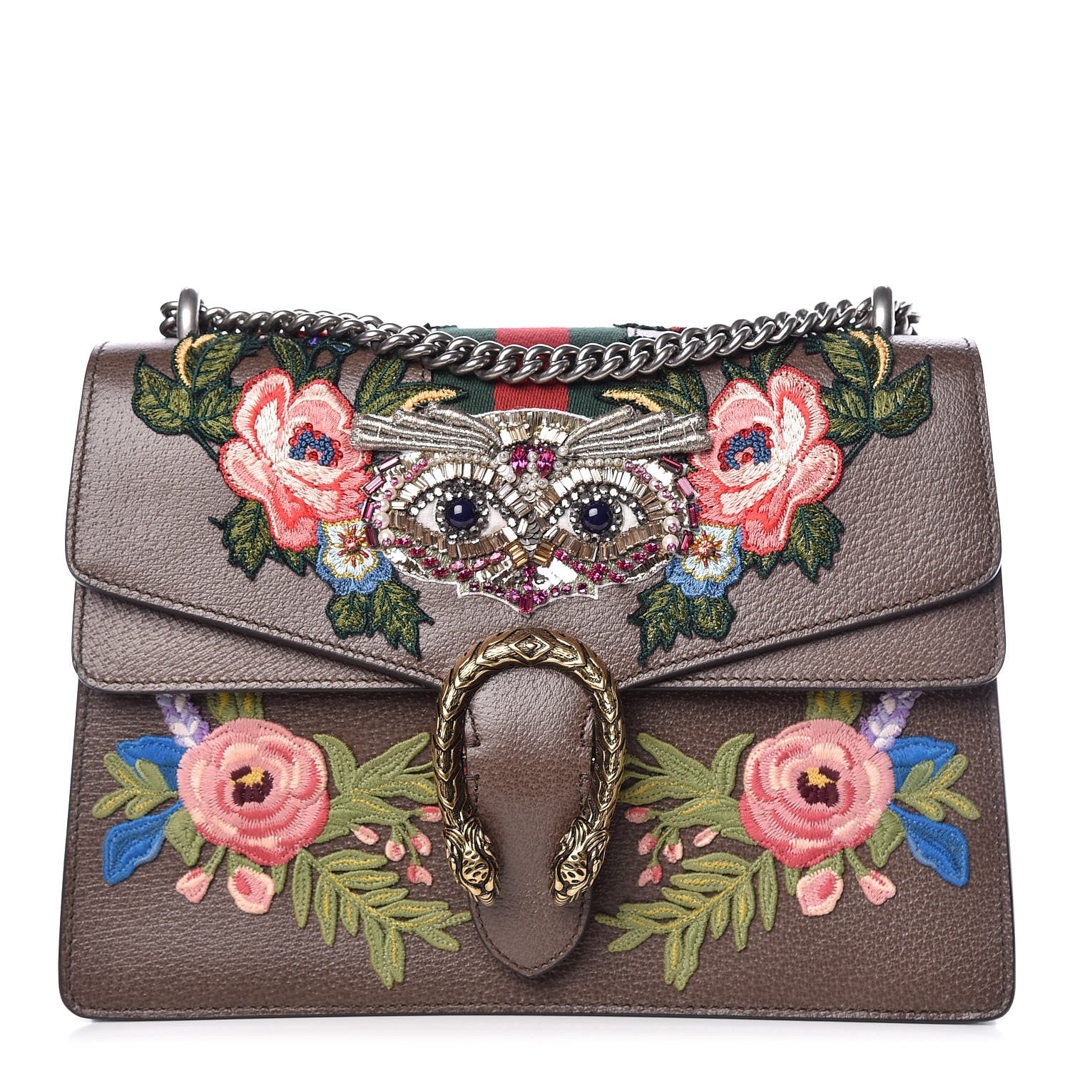 Gucci Calfskin Web Owl Embroidered Medium Dionysus Shoulder Bag New Acero Multicolor 1 of 11