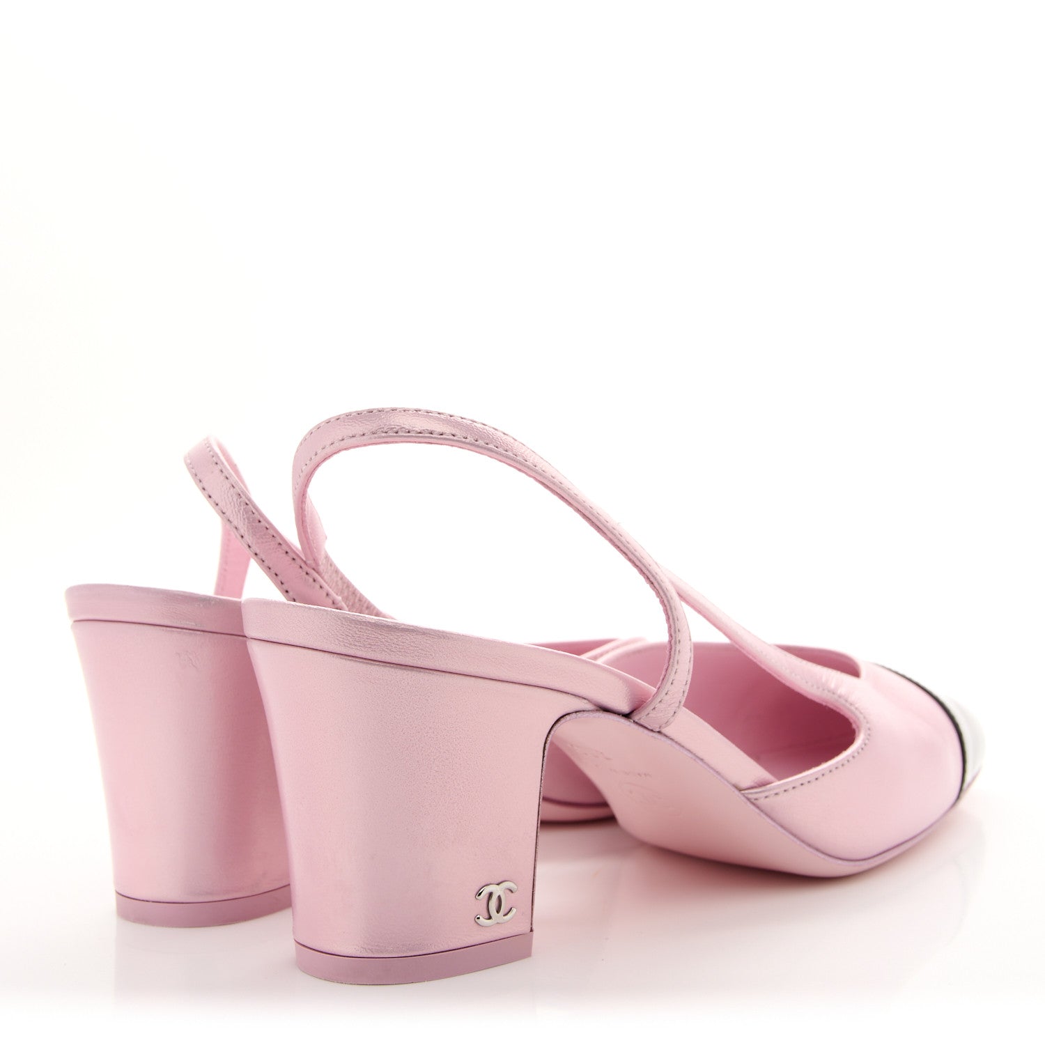 Chanel Laminated Lambskin Patent Cap Toe CC Slingback Pumps 38 Light Pink Black 5 of 9
