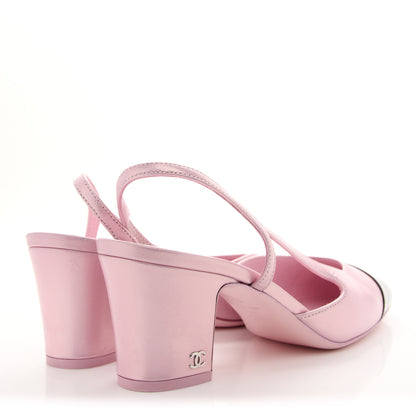 Chanel Laminated Lambskin Patent Cap Toe CC Slingback Pumps 38 Light Pink Black 5 of 9