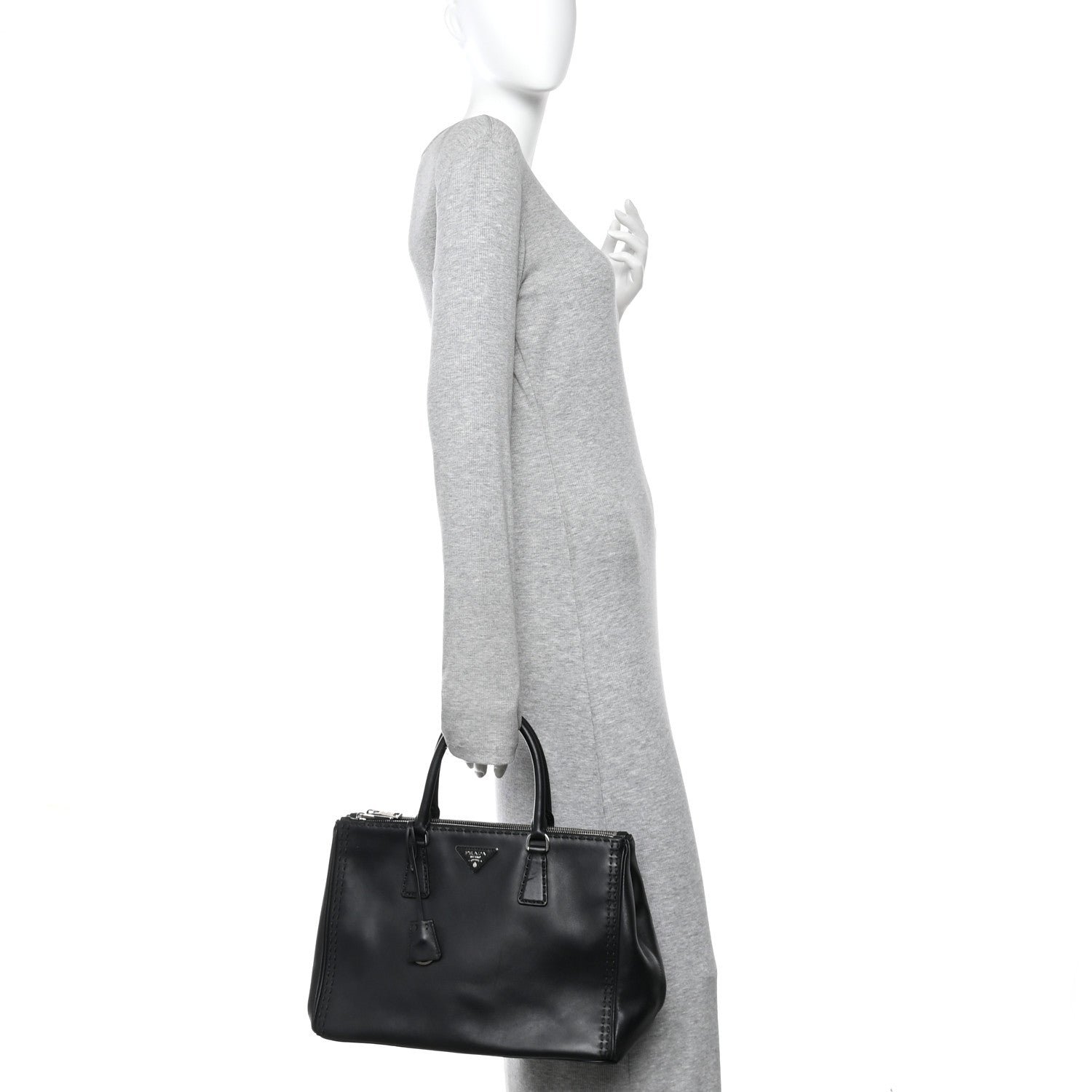 Prada City Calf Hand Stitched Large Galleria Double Zip Tote Black 2 of 13