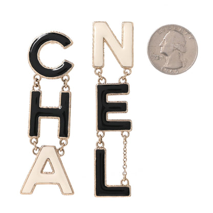 Chanel Metal Enamel Cha-Nel Logo Drop Earrings Black White 2 of 4