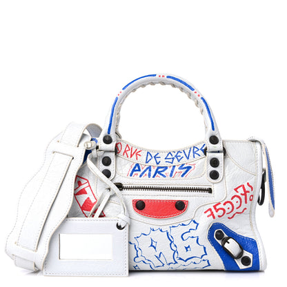 Balenciaga Agneau Graffiti All Over Classic Hardware Mini City White Bleu Rouge 1 of 11
