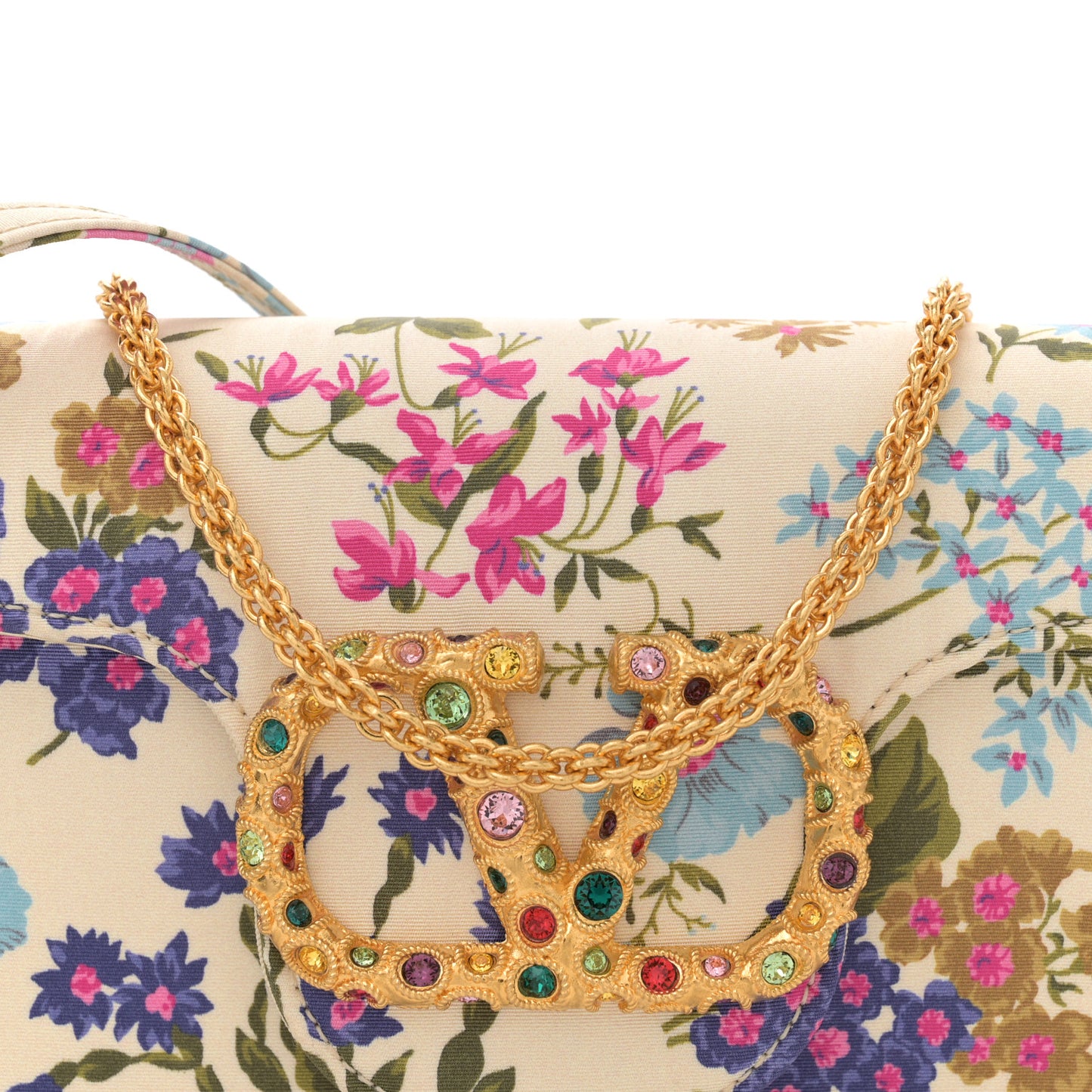 Satin Moire Floral Vlogo Loco Shoulder Bag  White Multicolor