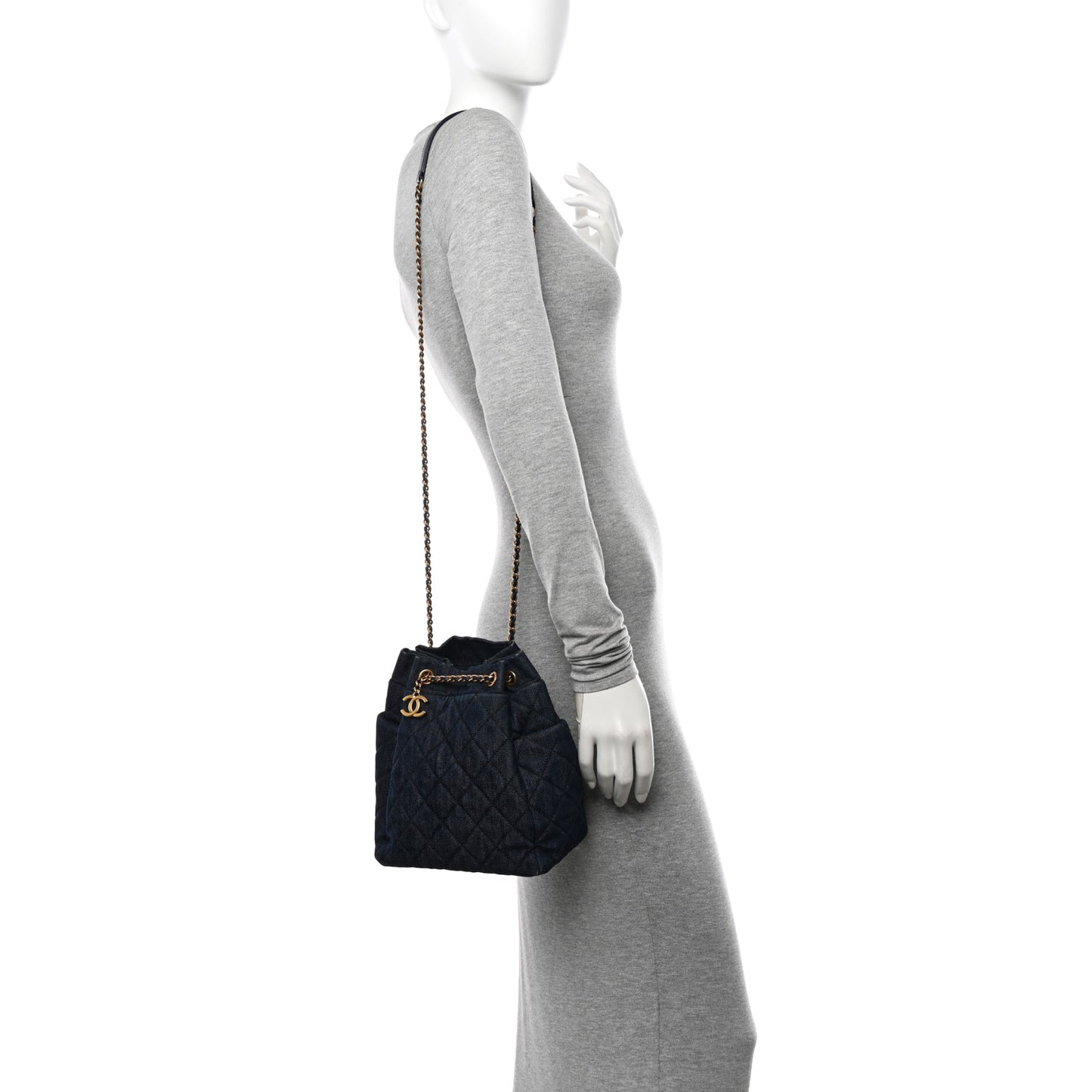 Washed Denim Quilted Small Urban Spirit Drawstring Bag Dark Blue