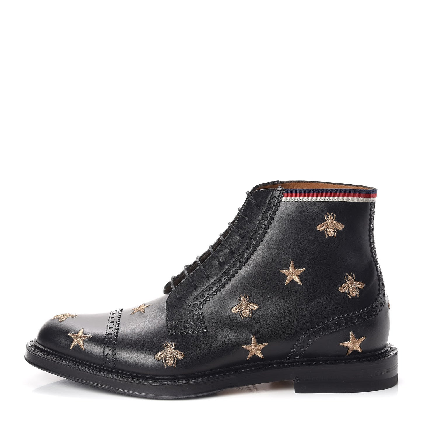Calfskin Sylvie Web Bee Star Embroidered Mens Brogue Captoe Boots 7.5 Black