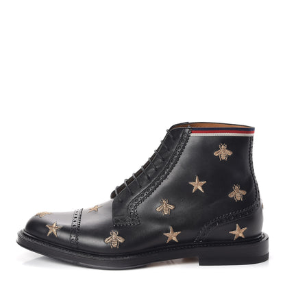 Gucci Calfskin Sylvie Web Bee Star Embroidered Mens Brogue Captoe Boots 7.5 Black 1 of 9