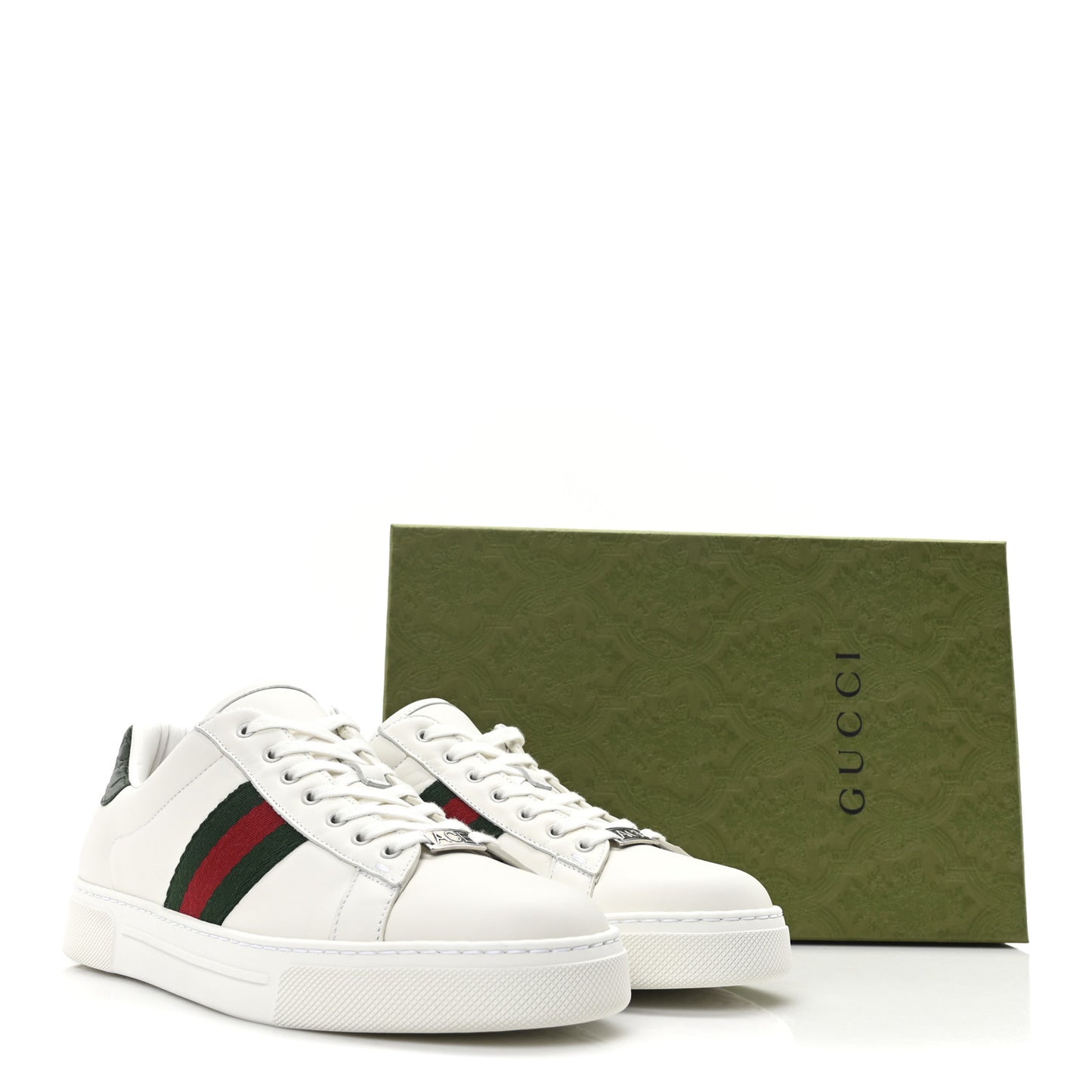 Calfskin Crocodile Web Womens Ace Sneakers 39.5 White Green