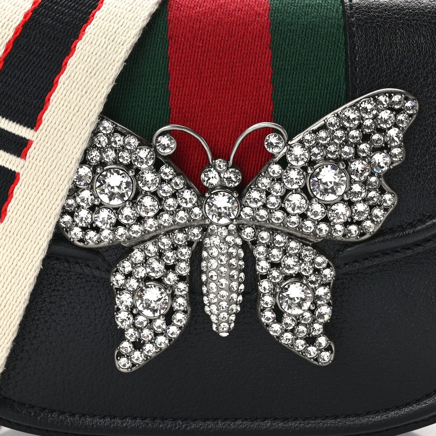 Gucci Calfskin Web Crystal Butterfly Stripe Small Totem Shoulder Bag Black 8 of 12