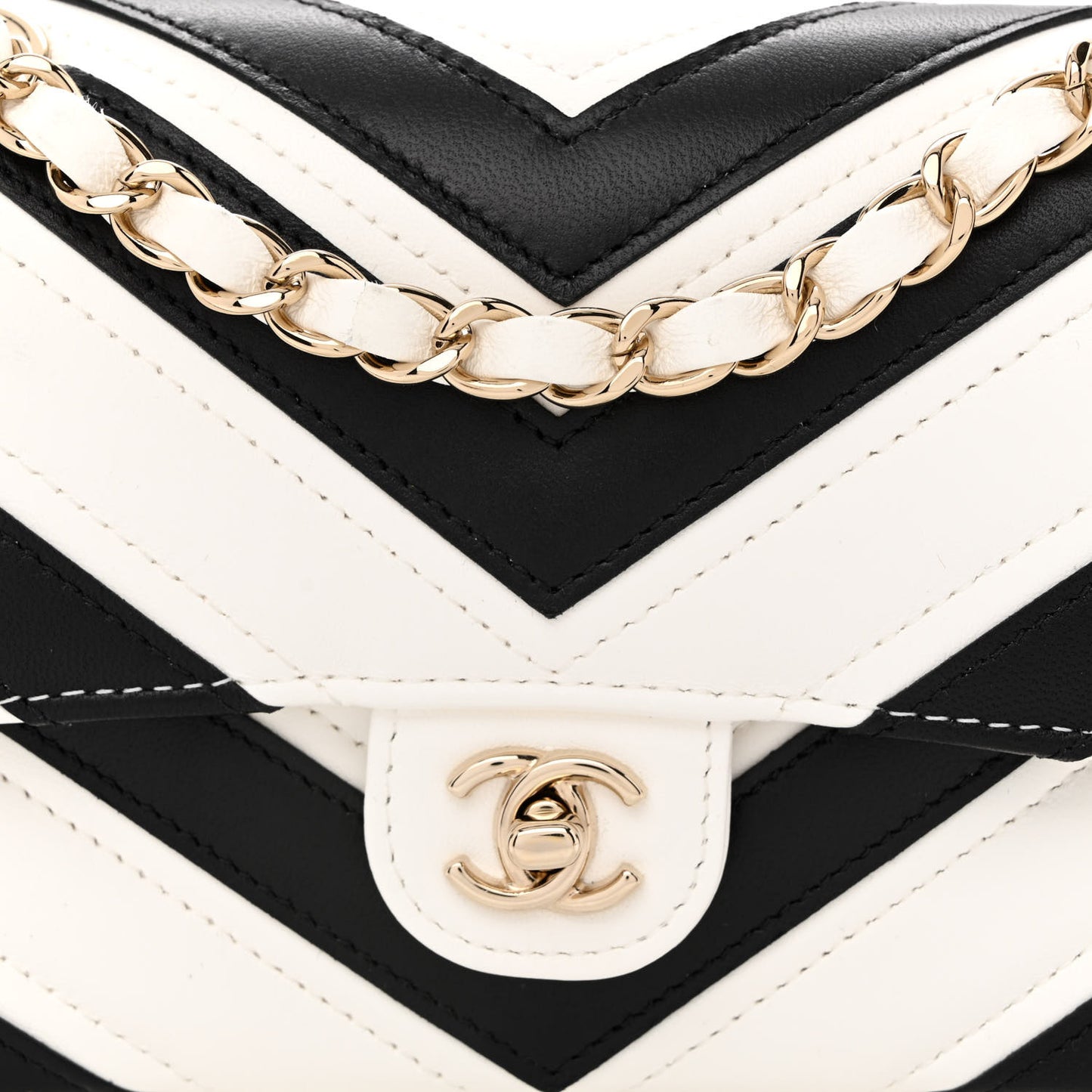 Lambskin Chevron Stitched Flap White Black