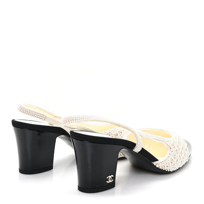 Chanel Pearl Patent Cap Toe CC Slingback Pumps 37 Ivory Black 5 of 10
