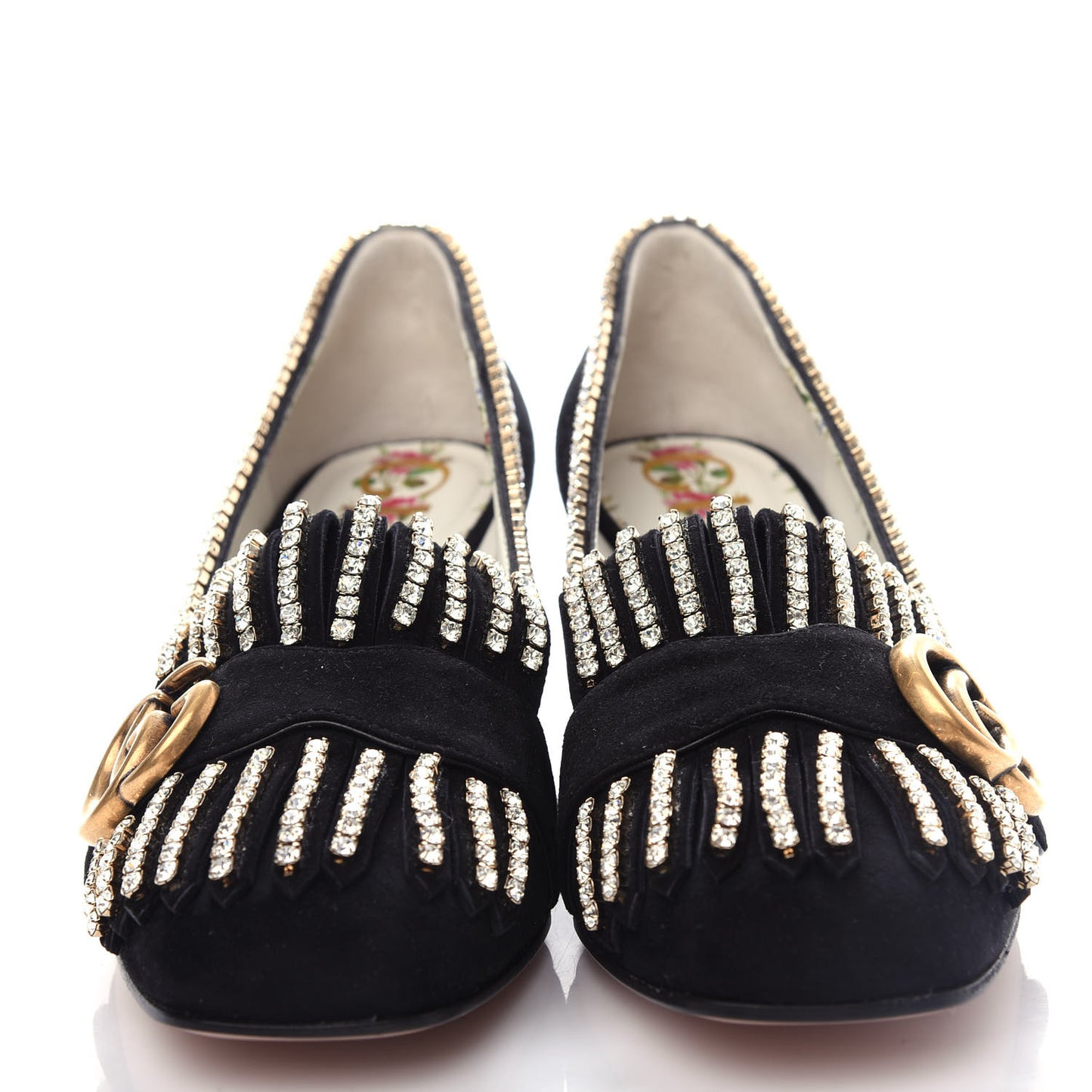 Kid Scamosciato Crystal GG Marmont Fringe 50mm Loafer Pumps 35.5 Black