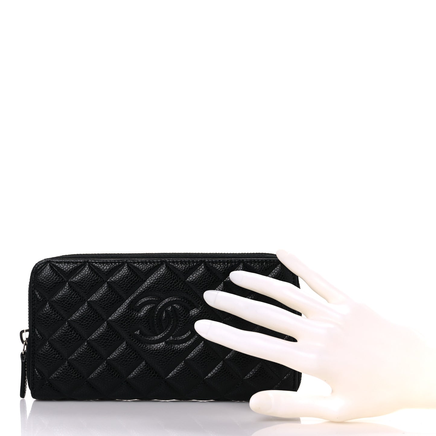 Caviar Quilted Diamond CC Gusset Zip Around Wallet Black