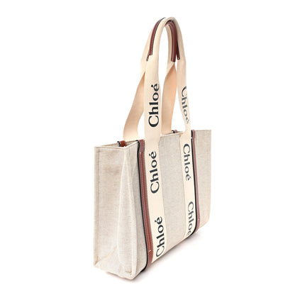 Chloe Cotton Calfskin Medium Woody Ribbon Tote White Brown 3 of 12