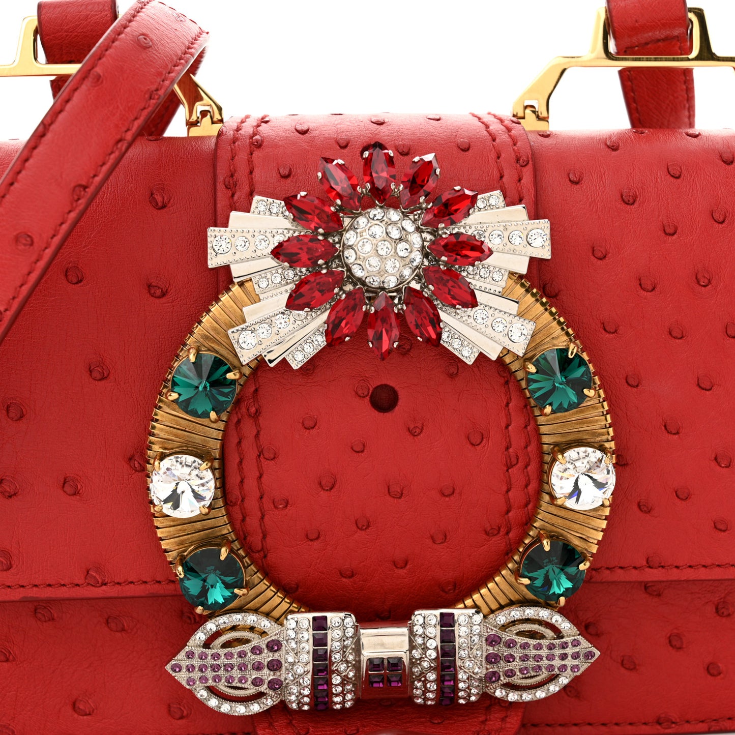 Ostrich Madras Soft Calf Crystal Embellished Shoulder Bag Fuoco