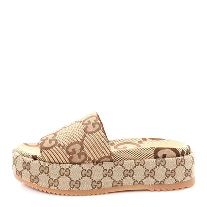 Gucci Monogram Maxi GG Angelina Platform 55mm Slide Sandals 41 Camel Ebony 1 of 10