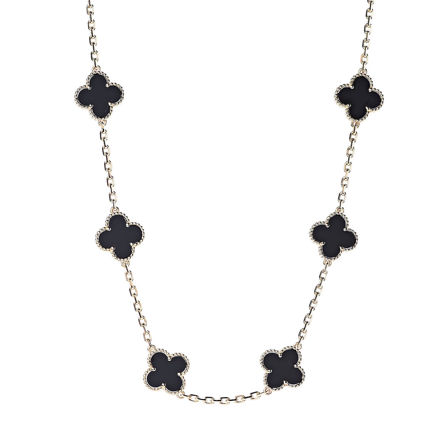 18K Yellow Gold Black Onyx 10 Motifs Vintage Alhambra Necklace