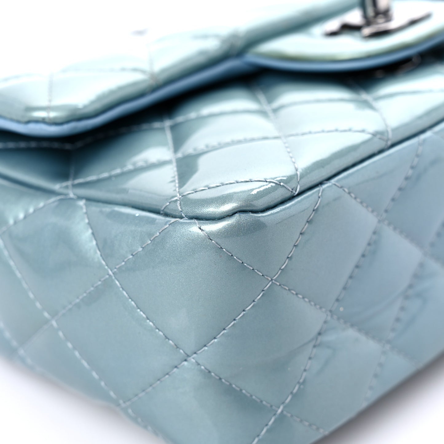 Patent Calfskin Quilted Mini Rectangular Flap Light Blue
