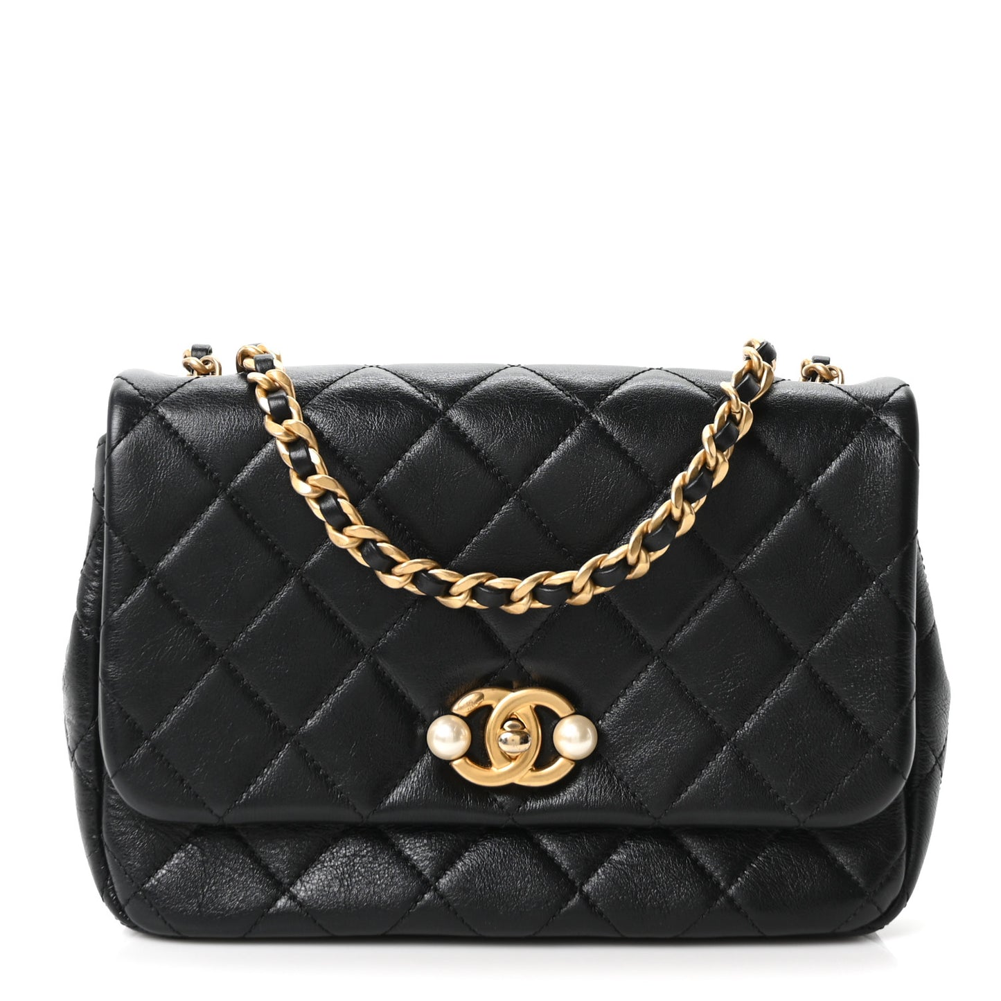 Glazed Calfskin Quilted Pearl Side Flap Black