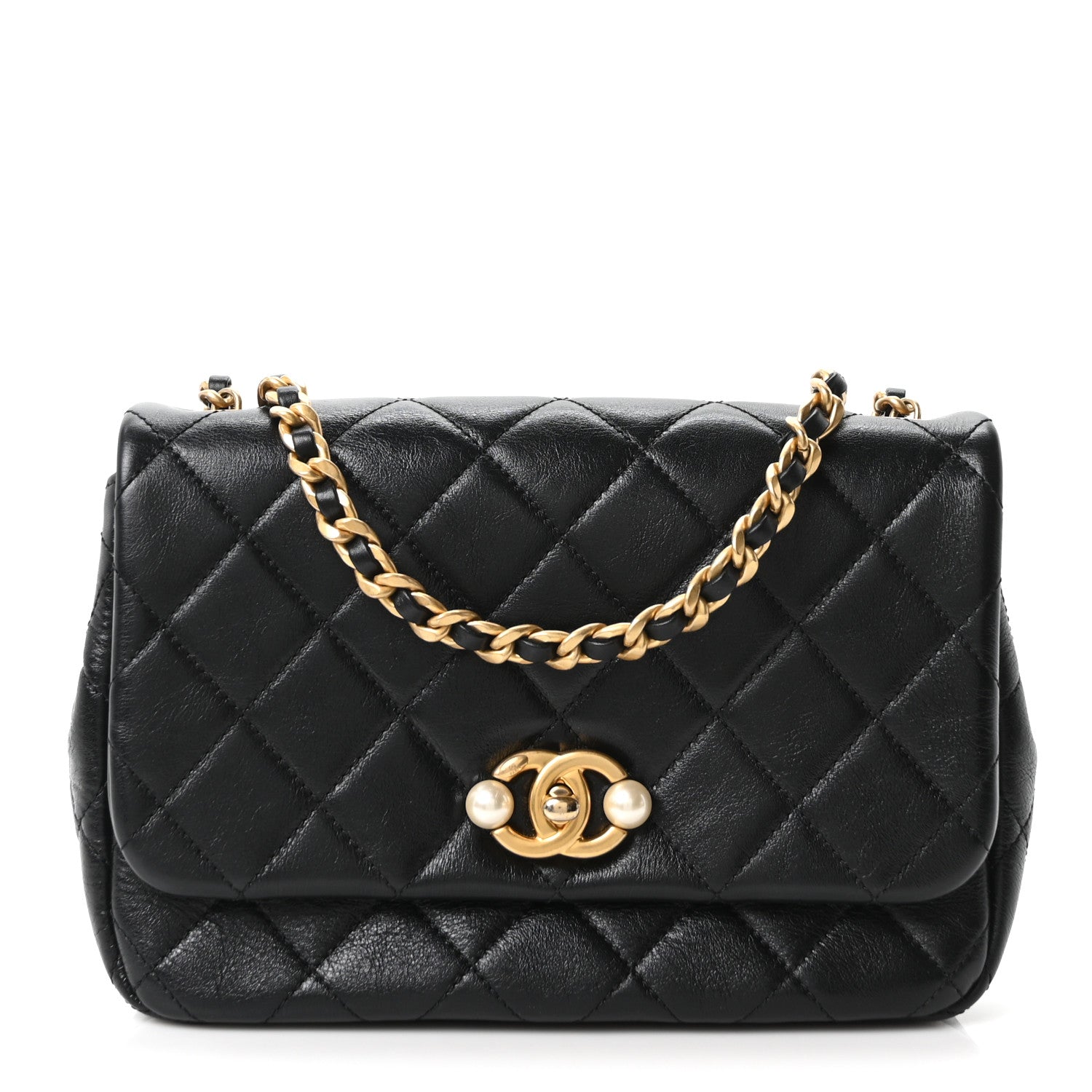 Chanel Glazed Calfskin Quilted Pearl Side Flap Black 1 of 10