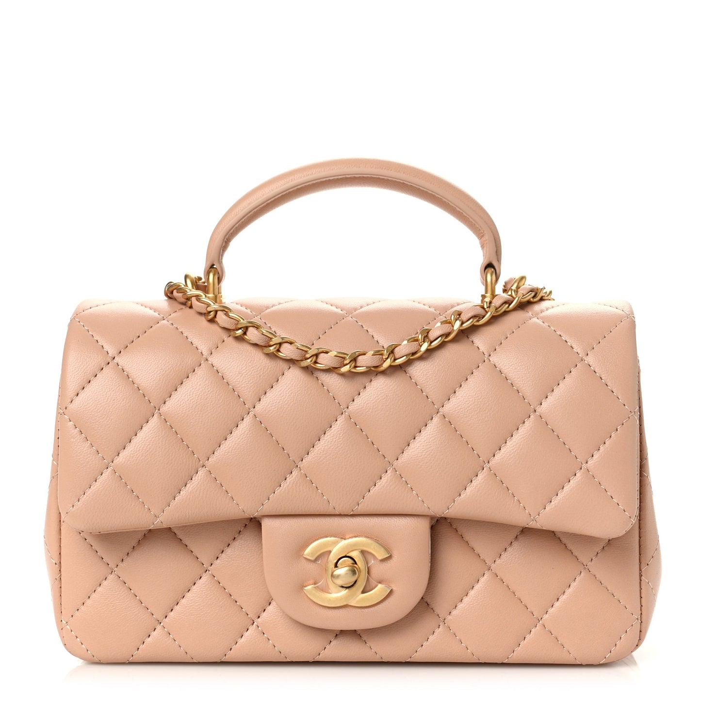 Lambskin Quilted Mini Top Handle Rectangular Flap Beige