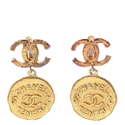 Chanel Hammered Medallion CC Dangle Clip On Earrings Gold 1 of 7