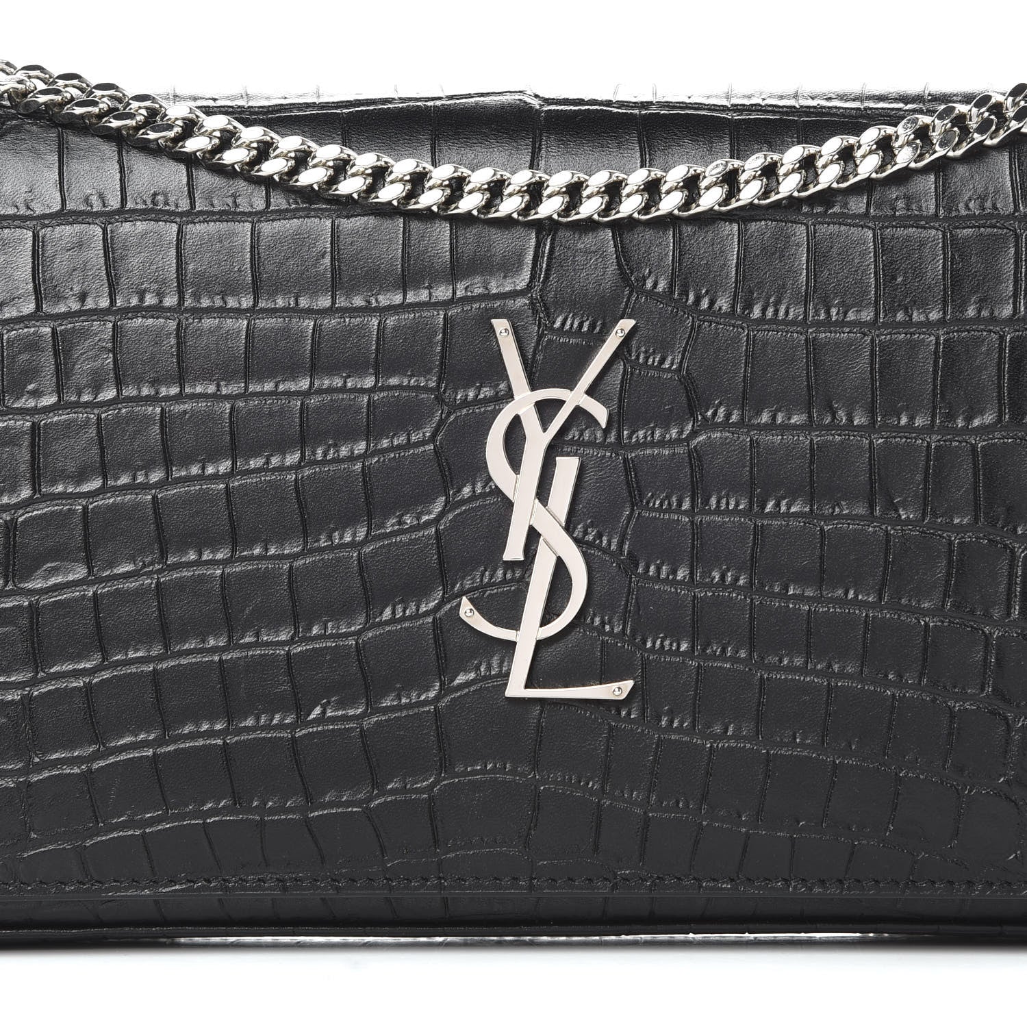 Saint Laurent Calfskin Crocodile Embossed Monogram Chain Wallet Black 8 of 13