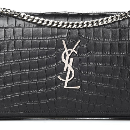 Saint Laurent Calfskin Crocodile Embossed Monogram Chain Wallet Black 8 of 13