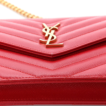 Saint Laurent Grain De Poudre Matelasse Chevron Monogram Envelope Chain Wallet New Red 5 of 5