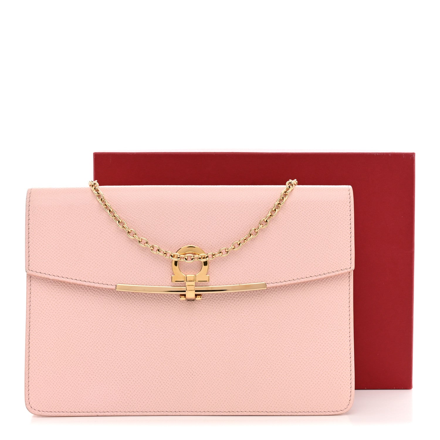 Salvatore Ferragamo コラールピンク EY-21 6310 Salvatore Ferragamo Hammered Calfskin Gancio Wallet On Chain