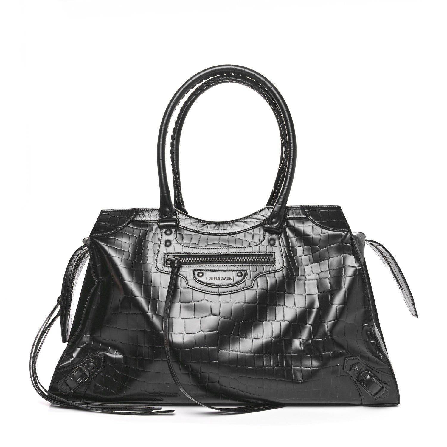 Balenciaga Semi Matte Calfskin Crocodile Embossed Neo Classic Black Hardware Large Top Handle Bag Black 1 of 10