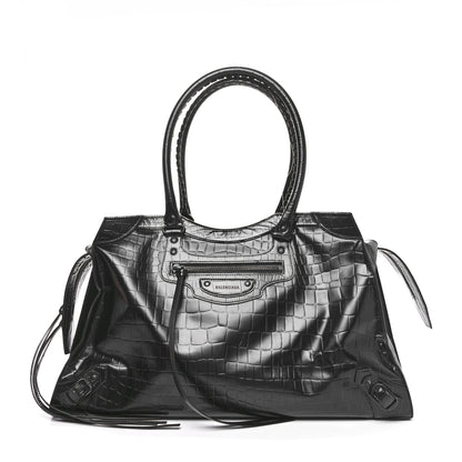 Balenciaga Semi Matte Calfskin Crocodile Embossed Neo Classic Black Hardware Large Top Handle Bag Black 1 of 10
