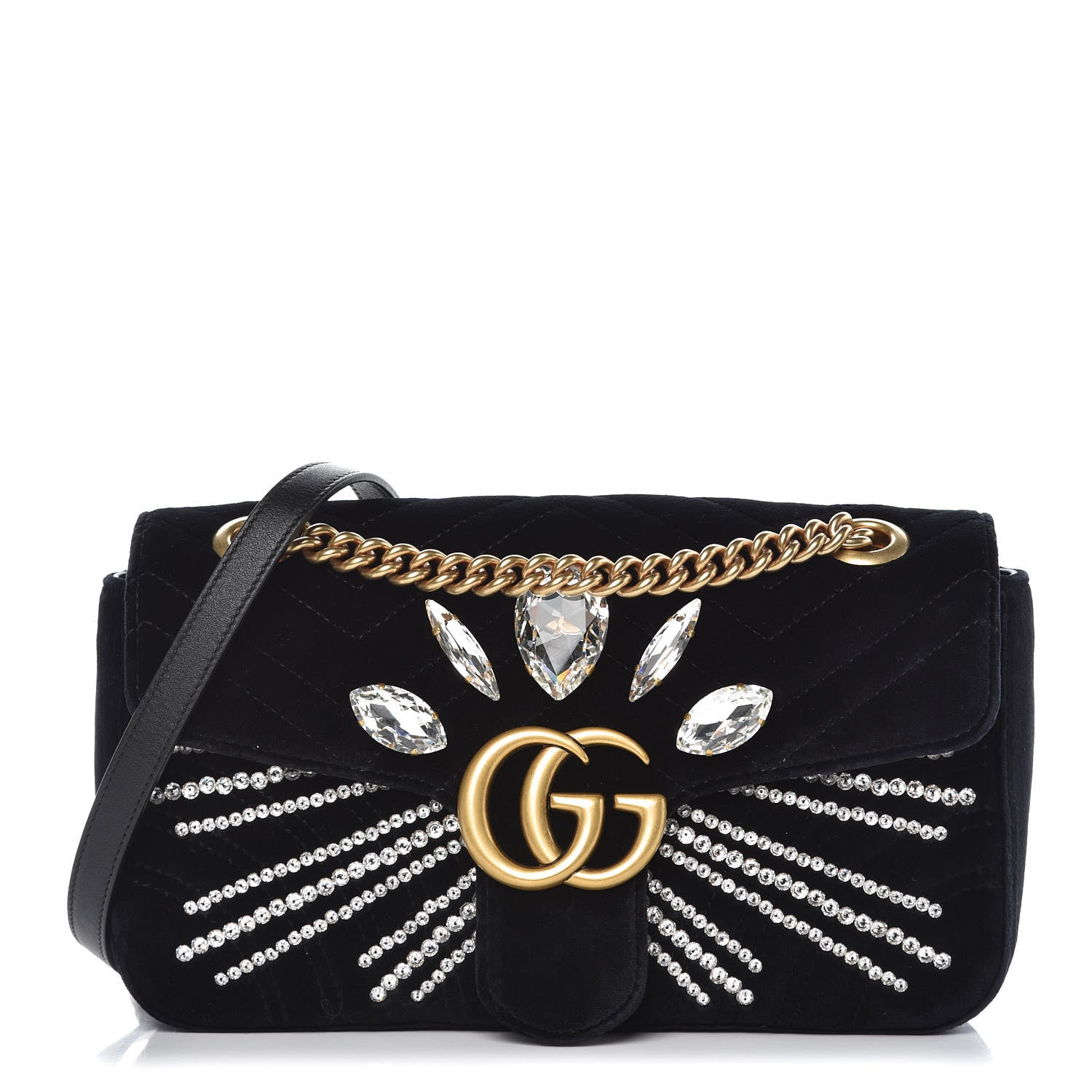 Gucci Velvet Matelasse Marquise Crystals Embroidered Small GG Marmont Shoulder Bag Black 1 of 7