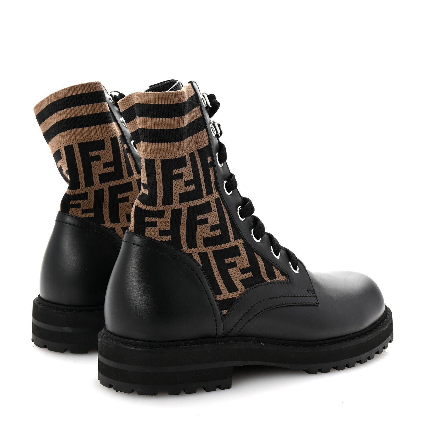 Calfskin Stretch Fabric FF Rockoko Biker Boots 7 Black Tobacco