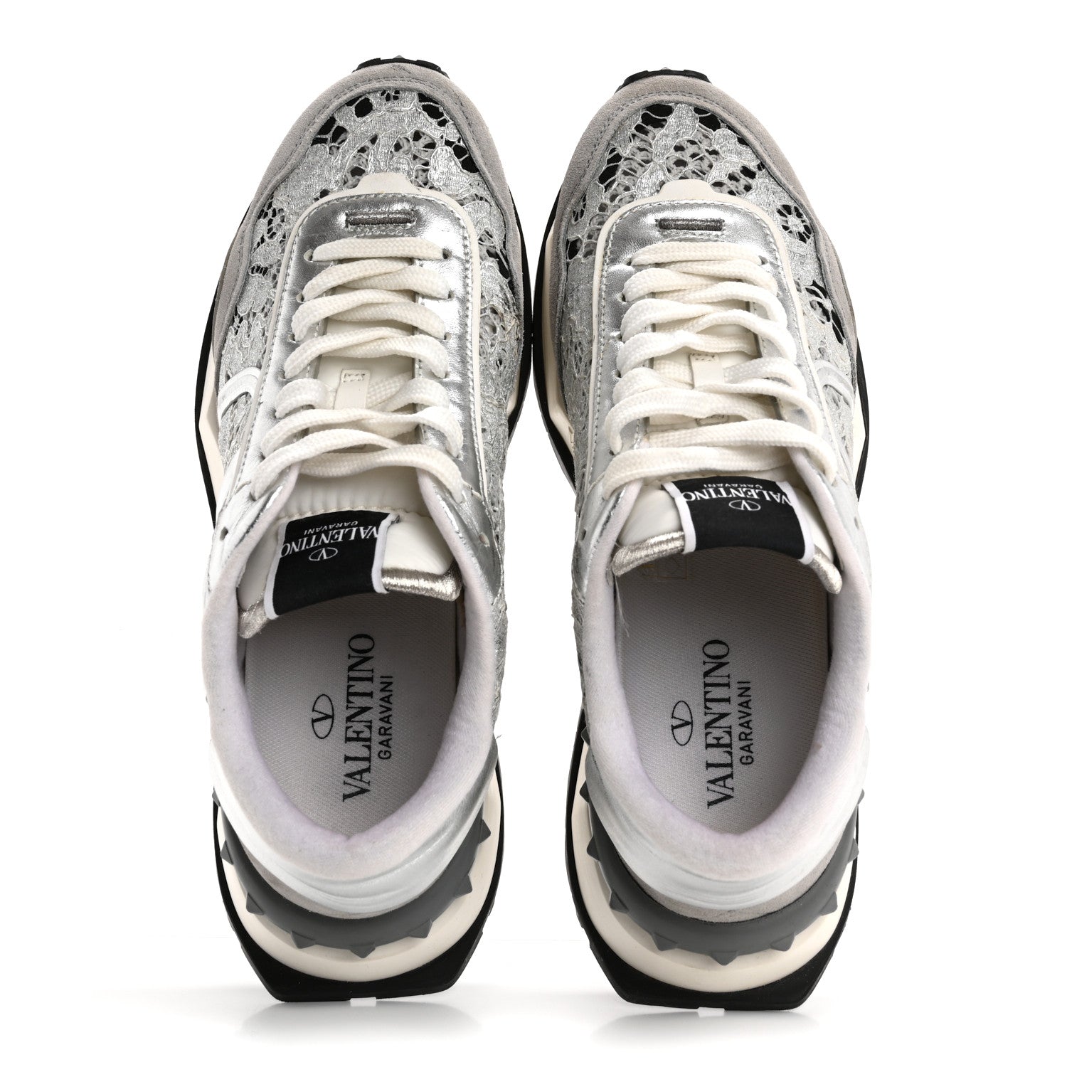 Valentino Garavani Metallic Calfskin Lace Mesh Lacerunner Sneaker 38.5 Silver Pastel Gray 2 of 15