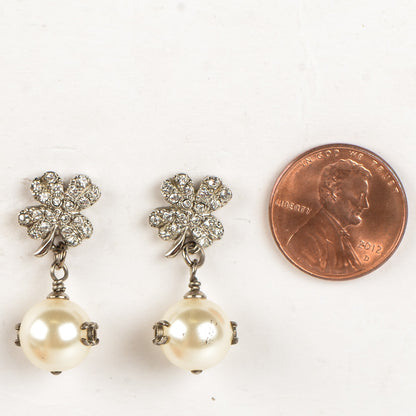 Chanel Crystal Pearl CC Clover Drop Earrings Silver 2 of 7