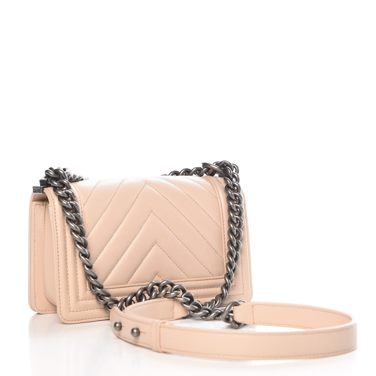 Caviar Chevron Quilted Small Boy Flap Light Beige