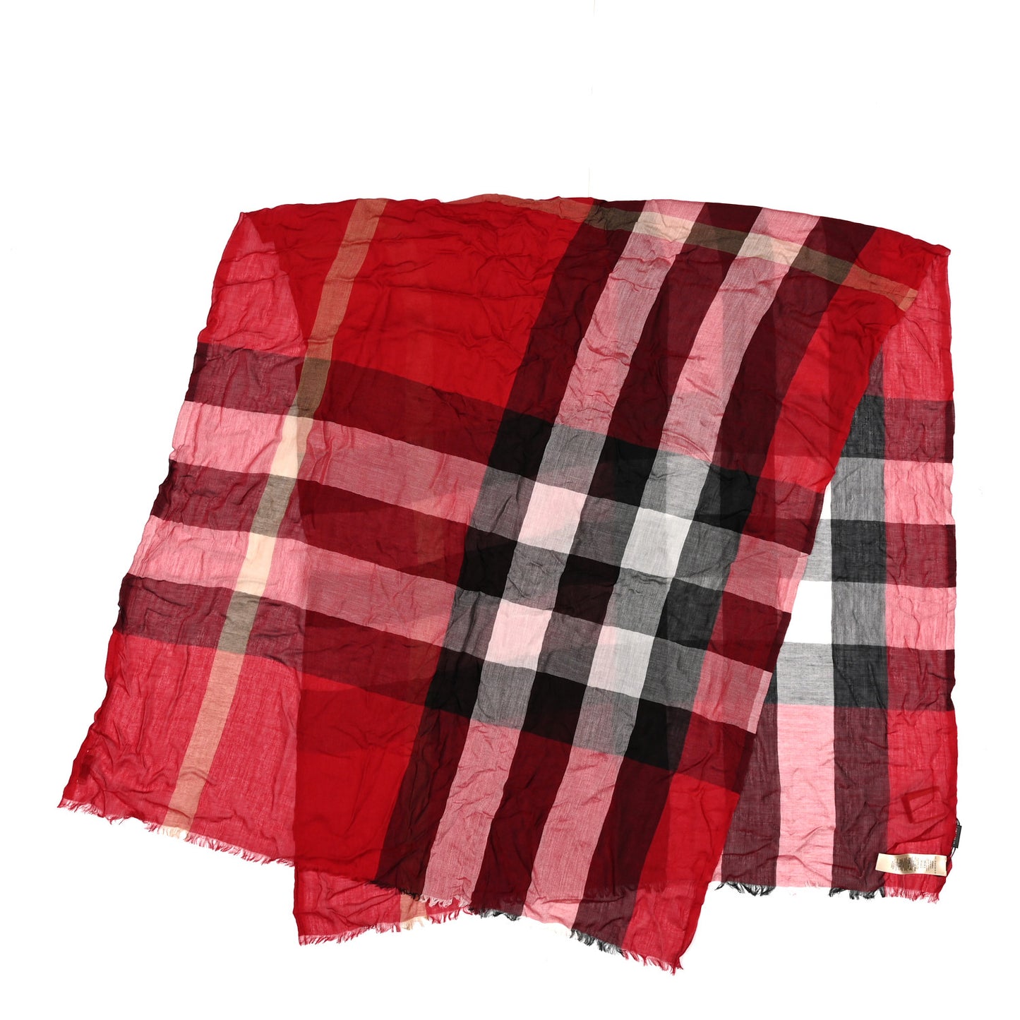 Modal Silk Cashmere Sheer Mega Check Fringe Scarf Red