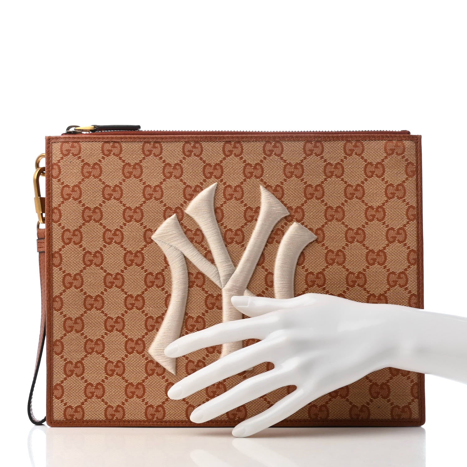 Gucci X MLB GG Monogram NY Yankees Zip Wristlet Pouch Beige Ruggine Ivory 2 of 11
