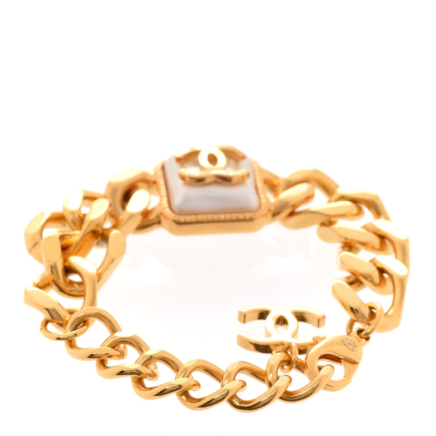Pearl CC Chain Link Bracelet Gold
