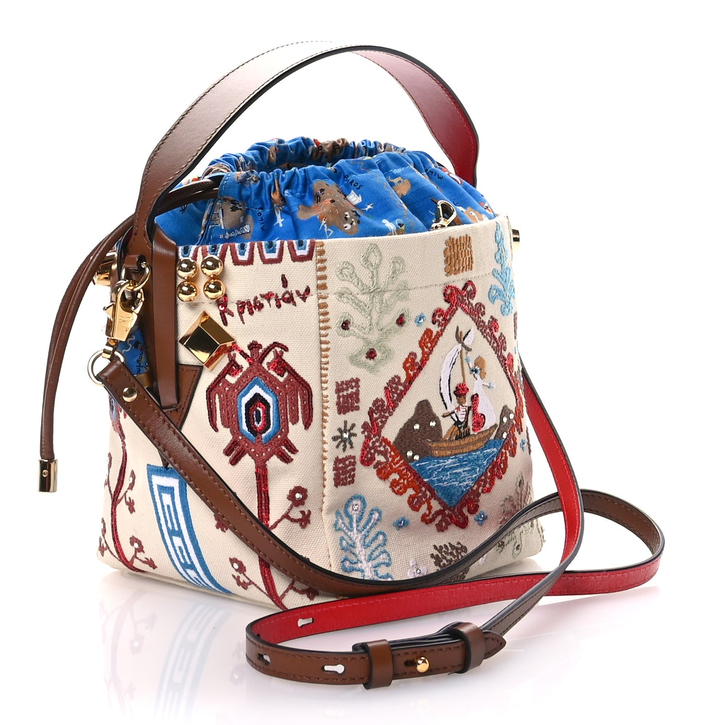 Frise Broderie Calfskin Mini Greekaba Tote Biscotto Multicolor