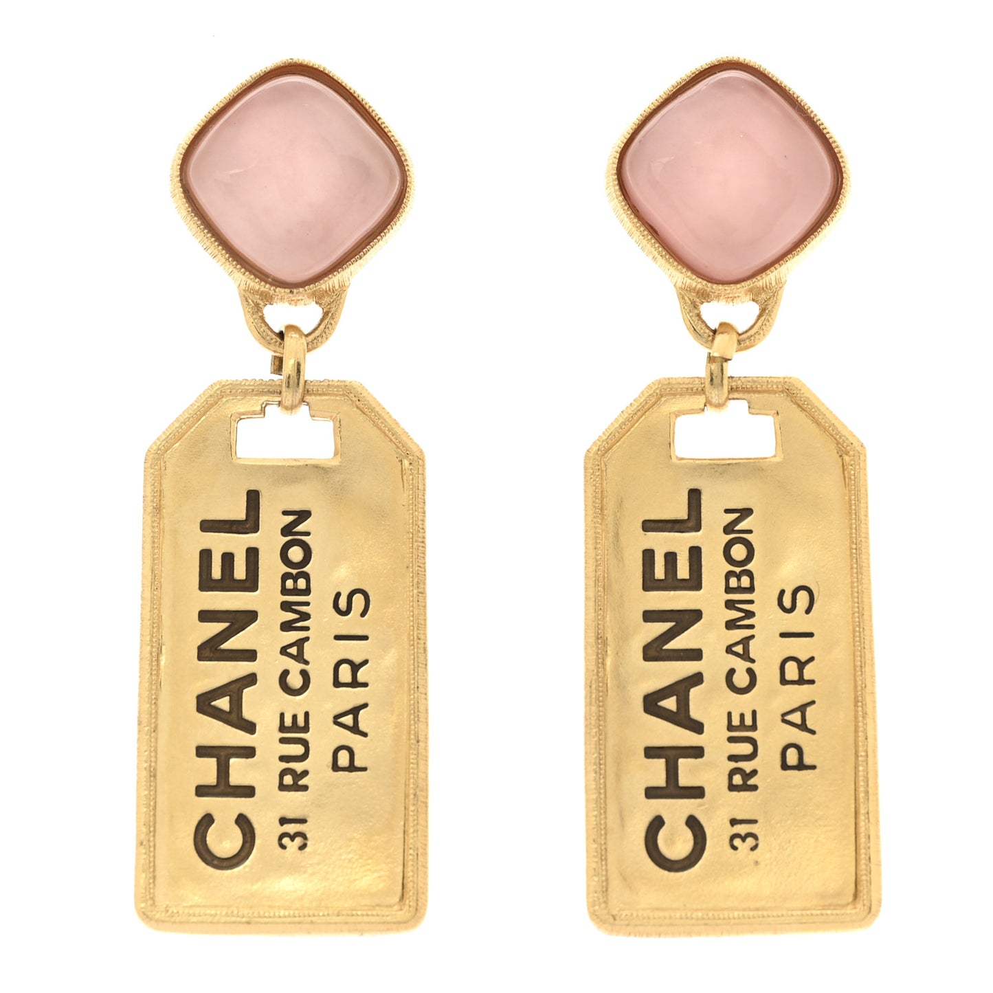 Metal CC Tags Drop Earrings Gold Pink