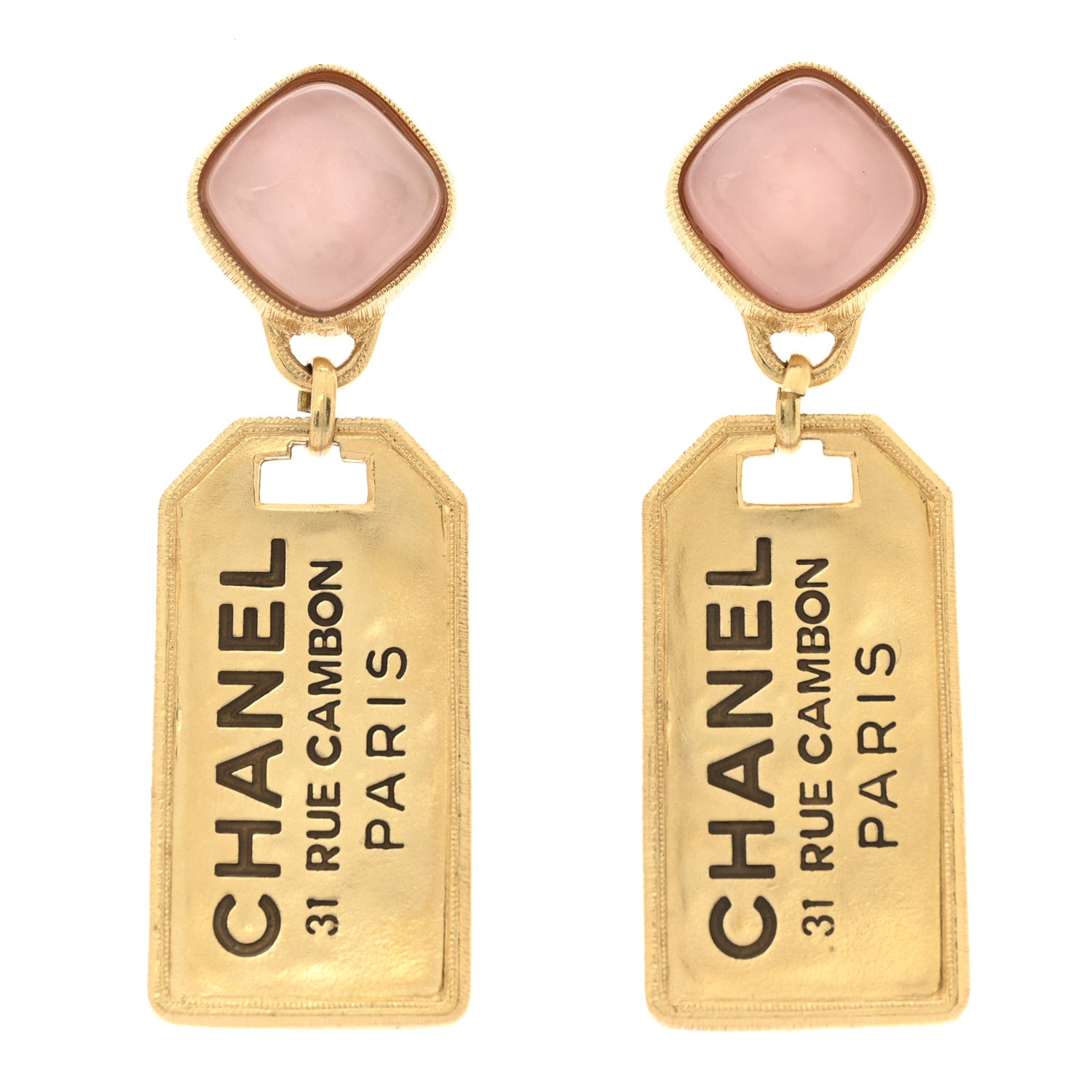 Chanel Metal CC Tags Drop Earrings Gold Pink 1 of 4