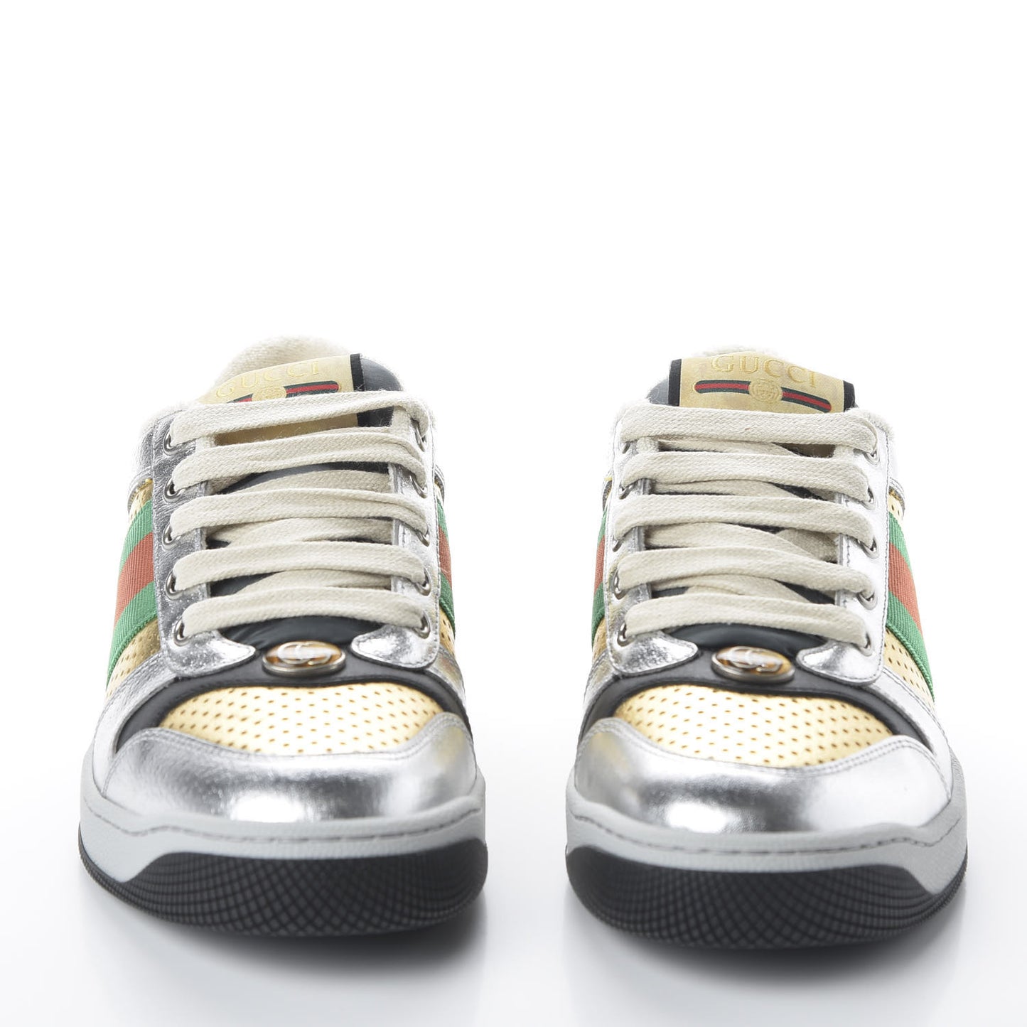 Metallic Calfskin Web Womens Screener Sneakers 36 Silver Gold Black