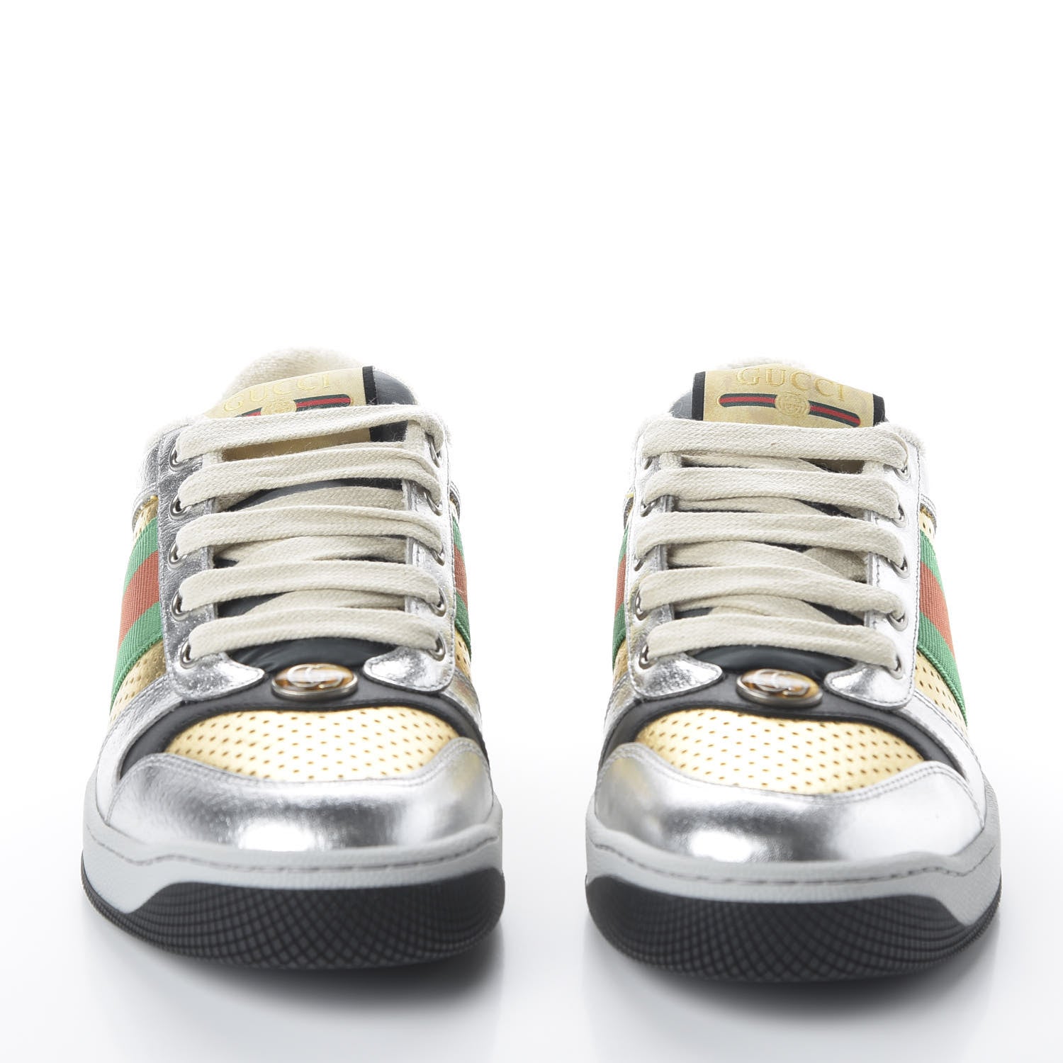 Gucci Metallic Calfskin Web Womens Screener Sneakers 36 Silver Gold Black 2 of 8