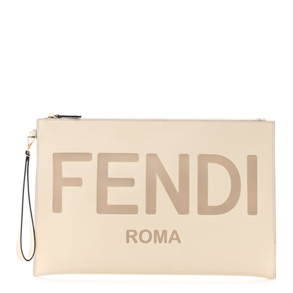 Fendi Vitello King Logo Embossed Large Flat Pouch White Ice 1 of 11