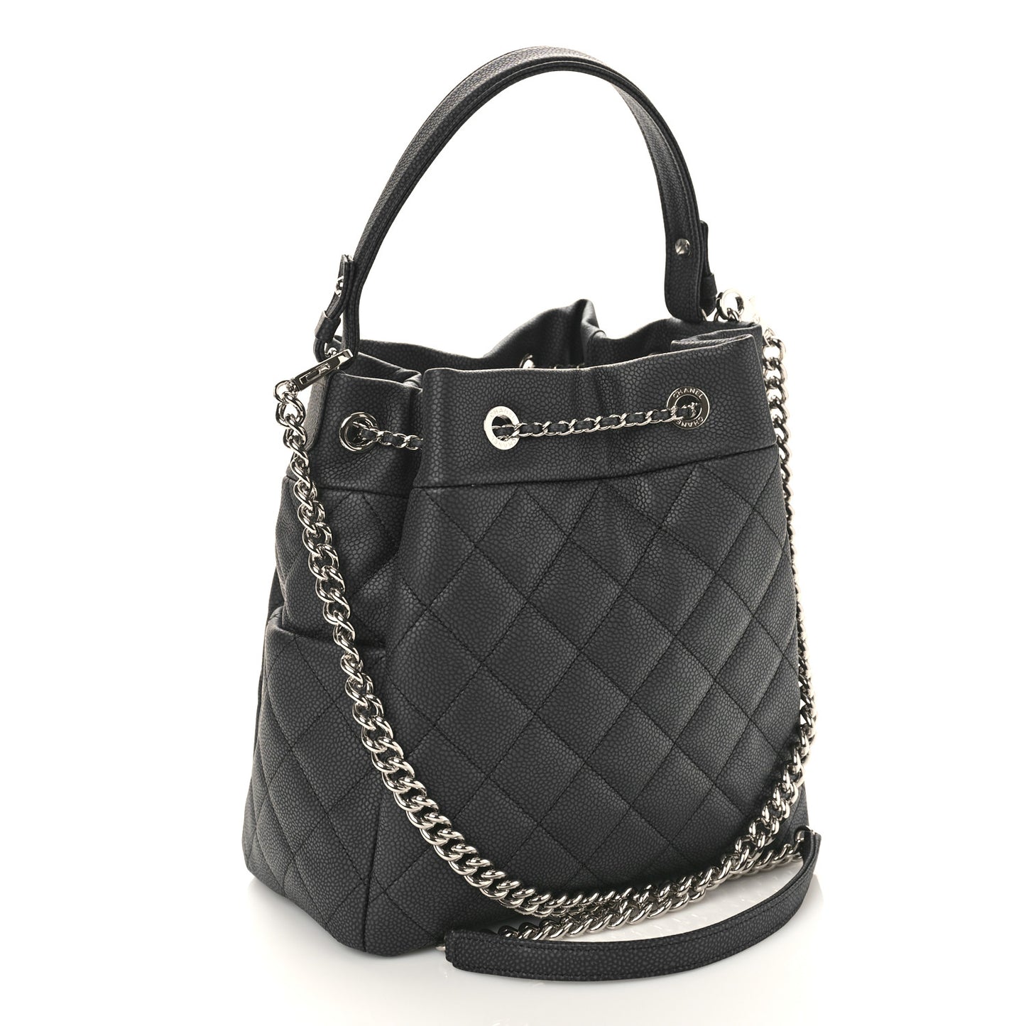 Caviar Flat Quilted CC Chain Bucket Drawstring Bag Black