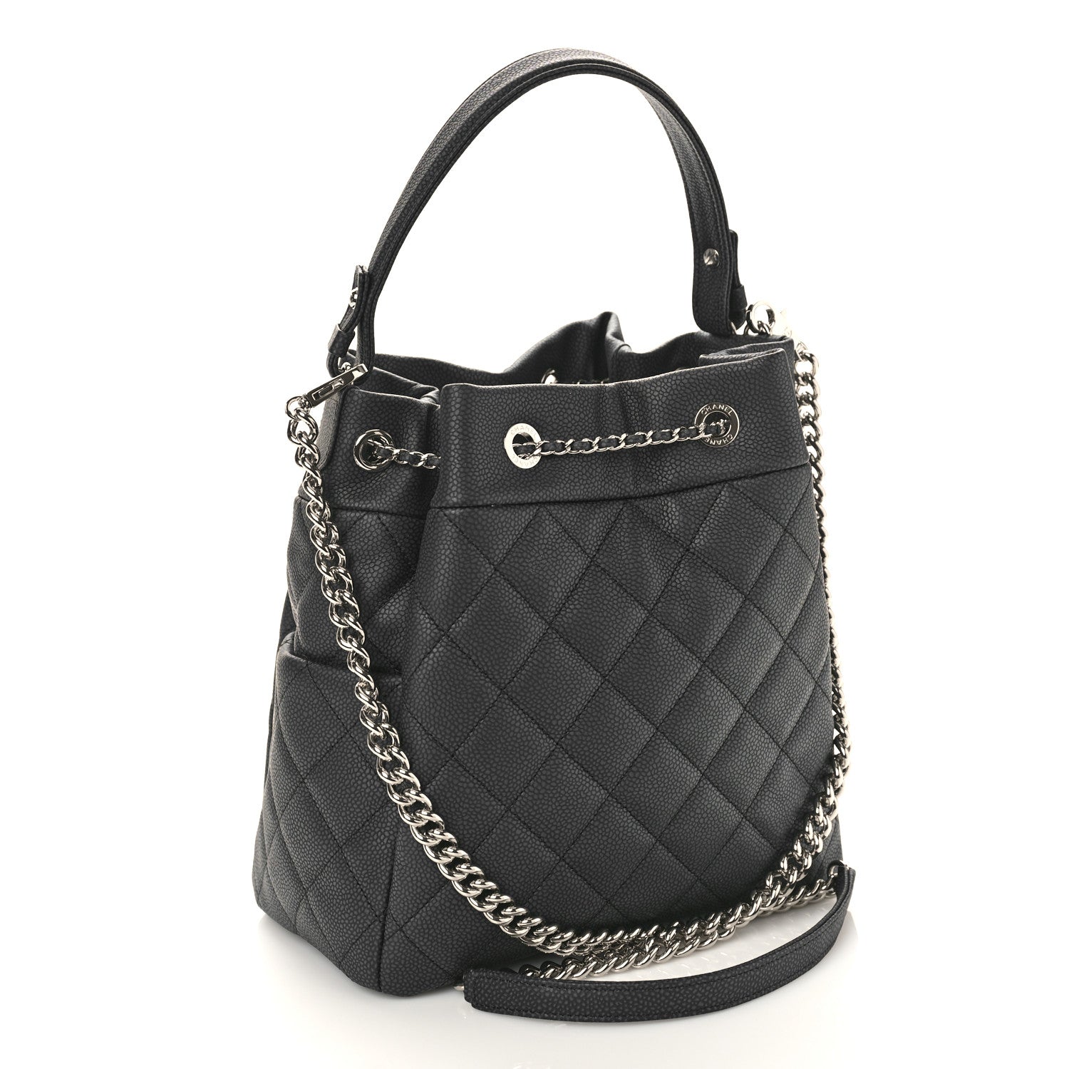 Chanel Caviar Flat Quilted CC Chain Bucket Drawstring Bag Black 3 of 9
