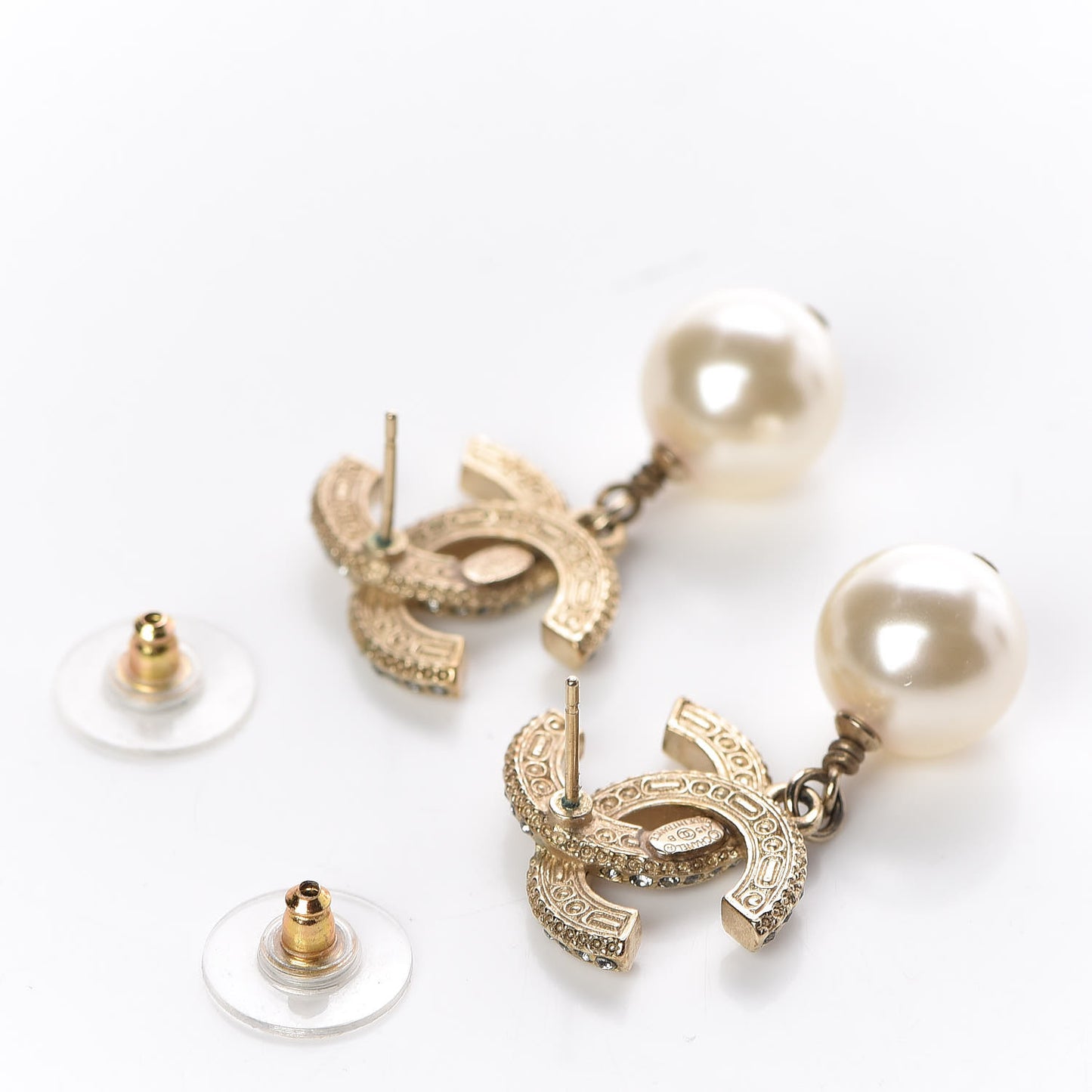 Pearl Crystal CC Drop Earrings Gold Black